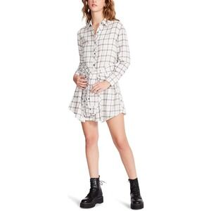 STEVE MADDEN Peyton Plaid Shirt Dress Tie Waist Long Sleeve White Gray XS